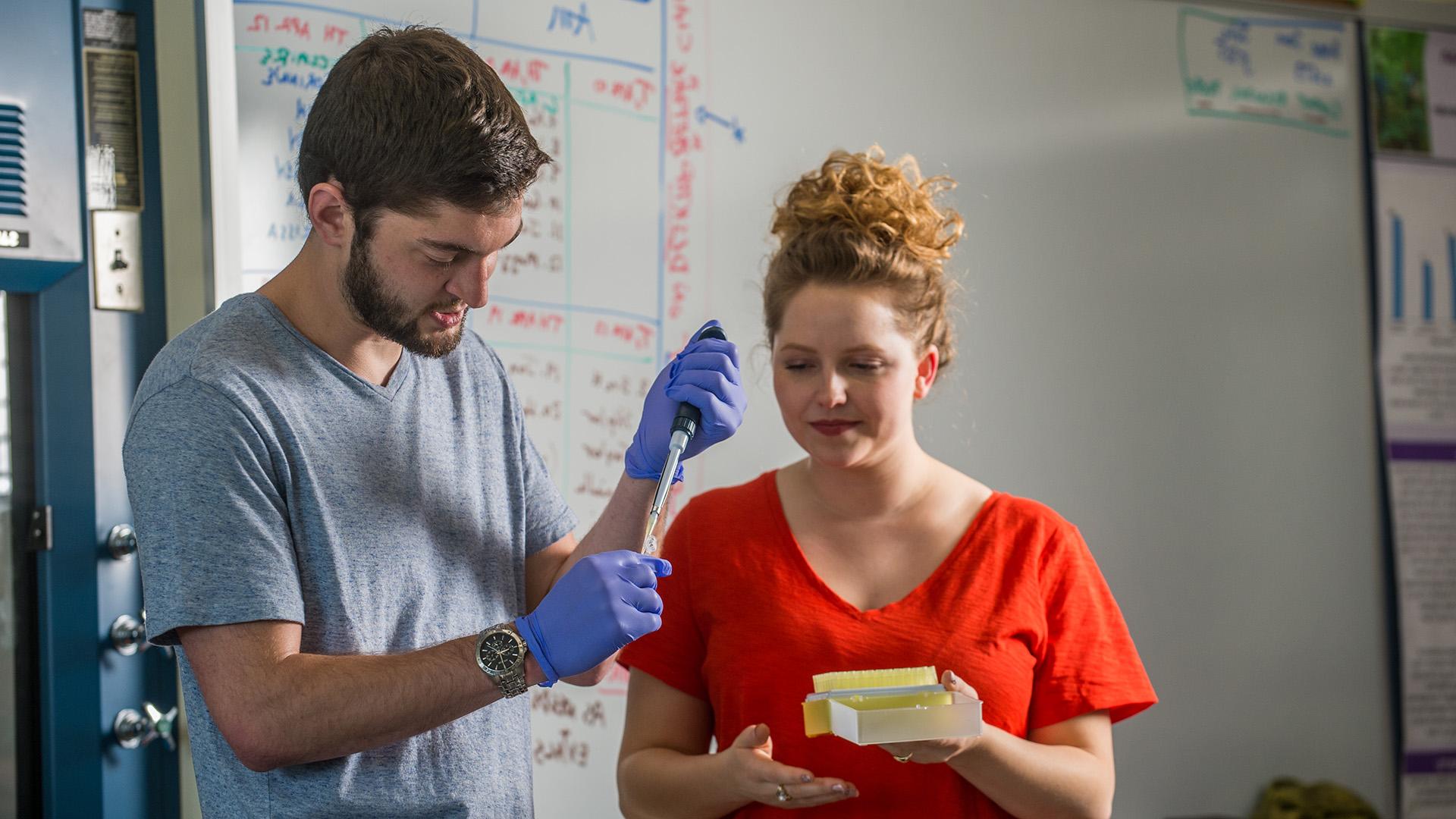 生物系学生在实验室一戴着手套